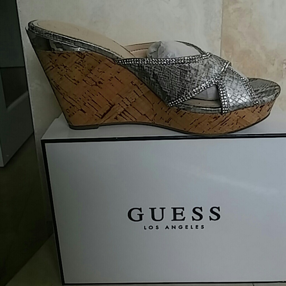 Guess Eleonora silver wedge slides size 7